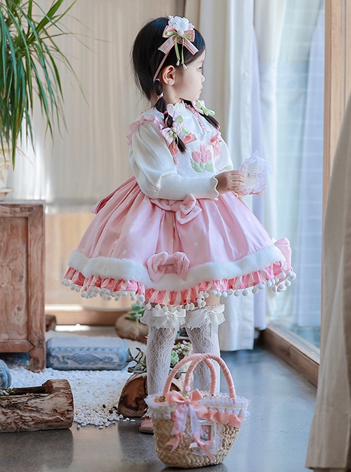 Plush Tulip Pattern Decoration Polka-Dot Hem Pleated Bow Knot Classic Lolita Pink Cute Suspender Dress