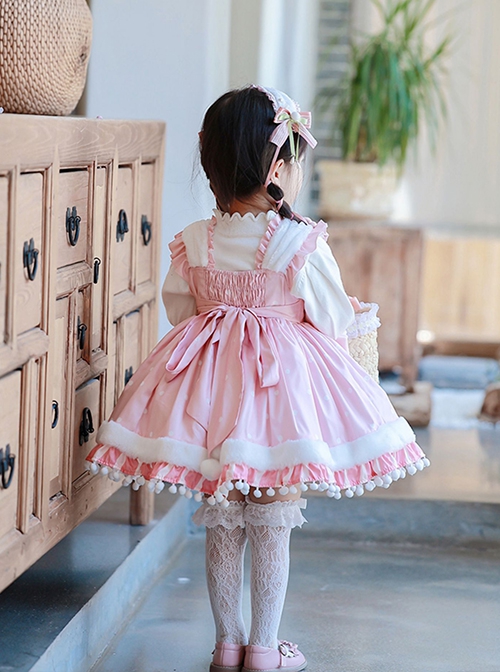 Plush Tulip Pattern Decoration Polka-Dot Hem Pleated Bow Knot Classic Lolita Pink Cute Suspender Dress