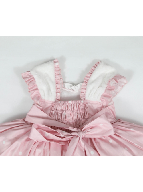 Plush Tulip Pattern Decoration Polka-Dot Hem Pleated Bow Knot Classic Lolita Pink Cute Suspender Dress