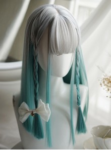 Trendy Green Gradient Long Straight Hair Silver Gray Air Bangs Decoration Classic Lolita Long Wig