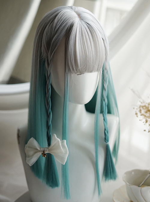 Trendy Green Gradient Long Straight Hair Silver Gray Air Bangs Decoration Classic Lolita Long Wig