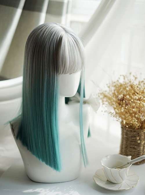 Trendy Green Gradient Long Straight Hair Silver Gray Air Bangs Decoration Classic Lolita Long Wig