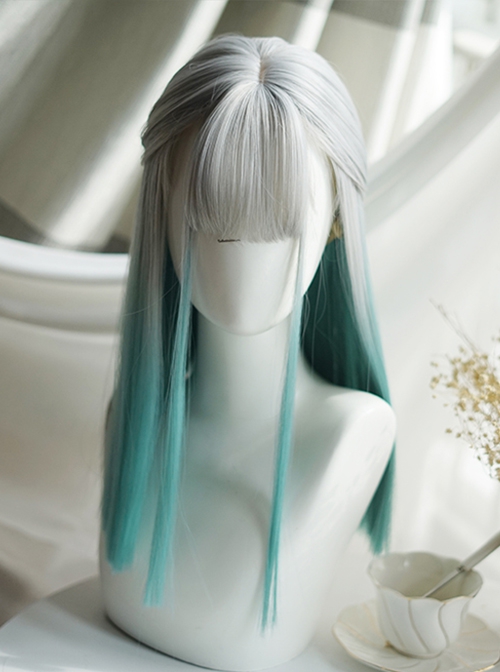 Trendy Green Gradient Long Straight Hair Silver Gray Air Bangs Decoration Classic Lolita Long Wig