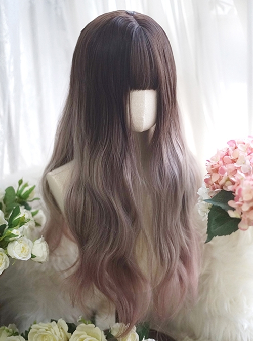 Classic Lolita Gray-Brown Gradient Natural Long Curly Hair Air Bangs Long Wig