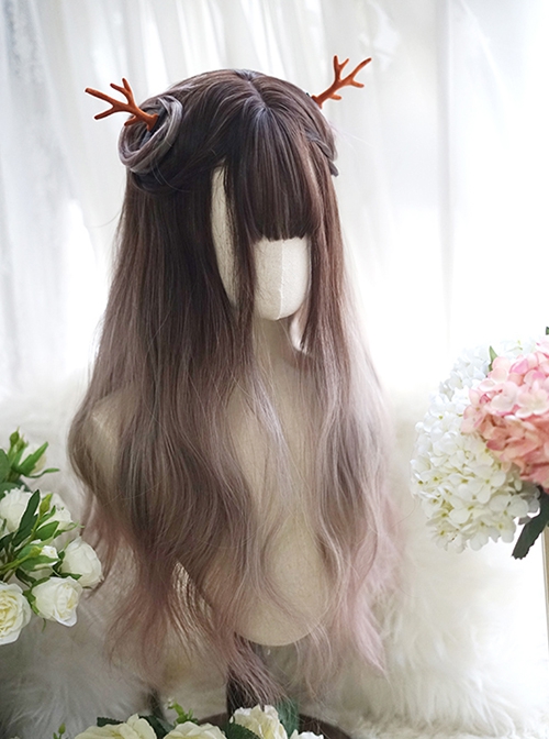 Classic Lolita Gray-Brown Gradient Natural Long Curly Hair Air Bangs Long Wig