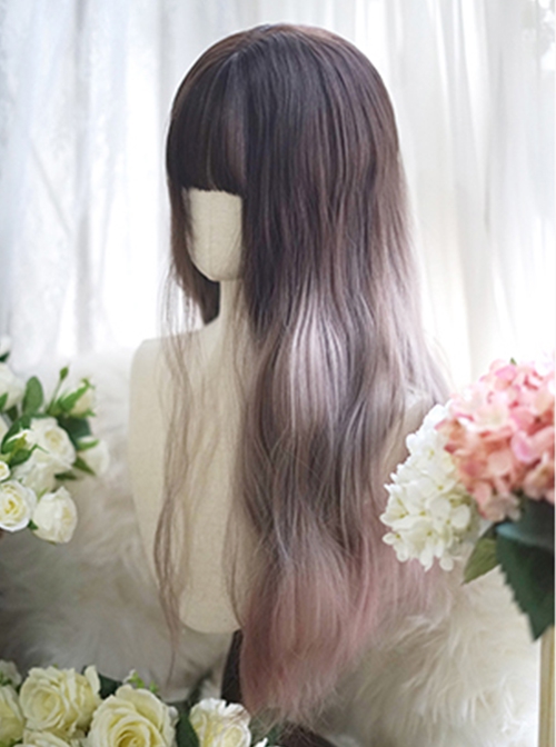 Classic Lolita Gray-Brown Gradient Natural Long Curly Hair Air Bangs Long Wig