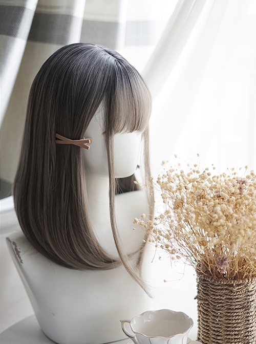 Cute Japanese Inner Button Long Straight Hair Natural Air Bangs Decoration Classic Lolita Gray Gradient Wig