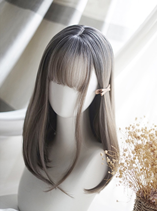 Cute Japanese Inner Button Long Straight Hair Natural Air Bangs Decoration Classic Lolita Gray Gradient Wig