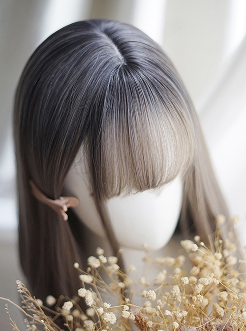 Cute Japanese Inner Button Long Straight Hair Natural Air Bangs Decoration Classic Lolita Gray Gradient Wig