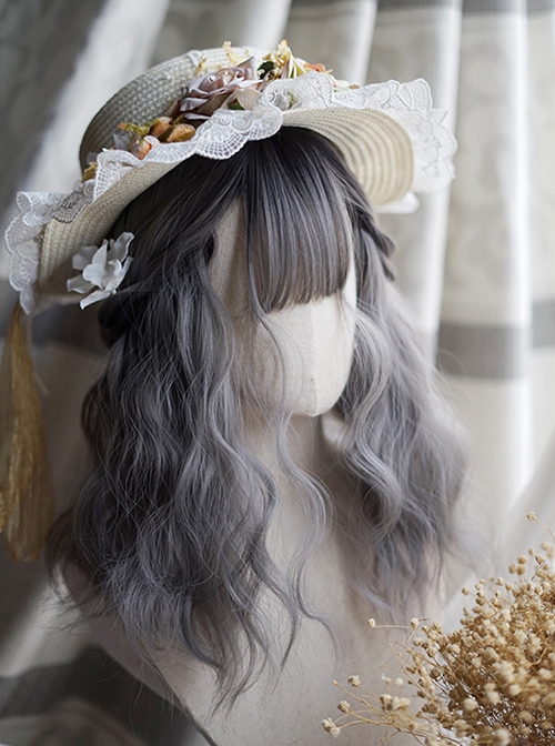 Cute Wavy Curly Hair Gray Gradient Short Hair Classic Lolita Air Bangs Short Wig