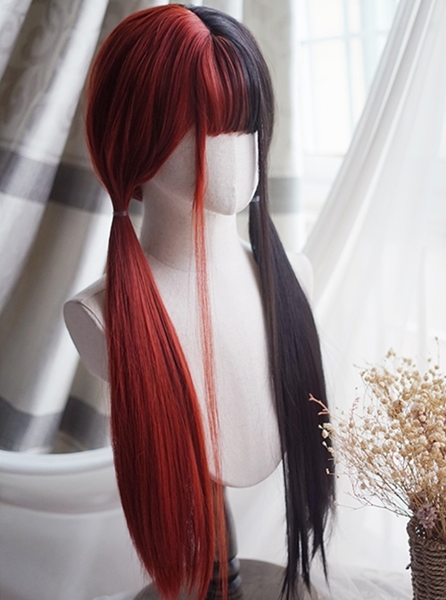 Classic Lolita Red And Black Stitching Fashion Long Straight Hair Air Bangs Decoration Long Wig