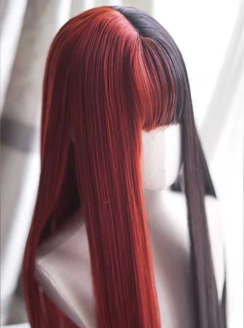 Classic Lolita Red And Black Stitching Fashion Long Straight Hair Air Bangs Decoration Long Wig