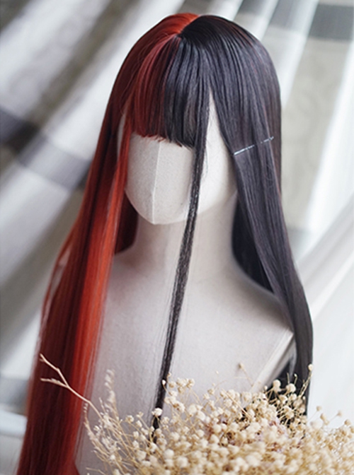 Classic Lolita Red And Black Stitching Fashion Long Straight Hair Air Bangs Decoration Long Wig