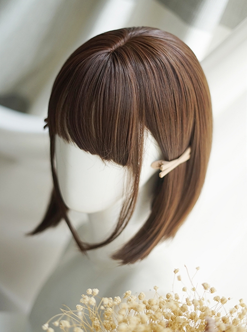 Cute Japanese Inner Buckle Short Hair Daily Natural Air Bangs Classic Lolita Brown Wig