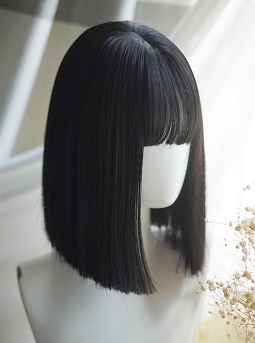 Natural Classic Black Straight Hair Air Bangs Lolita Short Wig