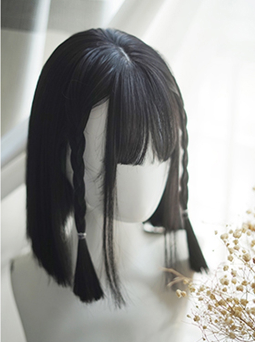 Natural Classic Black Straight Hair Air Bangs Lolita Short Wig