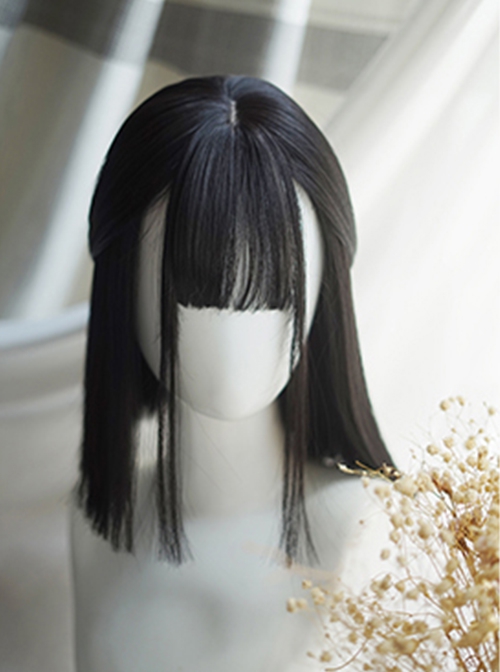 Natural Classic Black Straight Hair Air Bangs Lolita Short Wig