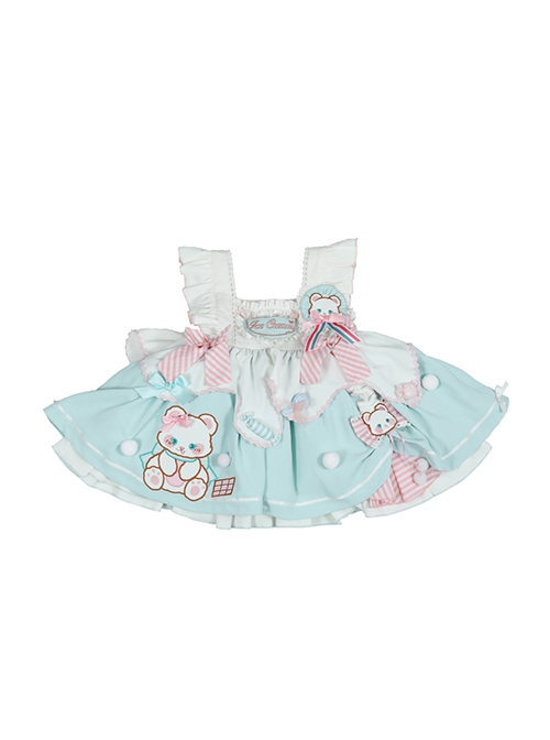 Cute Bear Pattern Print Plush Ball Crinkled Bow Trim Irregular Hem Sweet Lolita Kid Princess Slip Dress