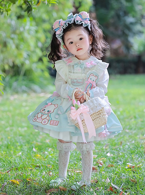 Cute Bear Pattern Print Plush Ball Crinkled Bow Trim Irregular Hem Sweet Lolita Kid Princess Slip Dress