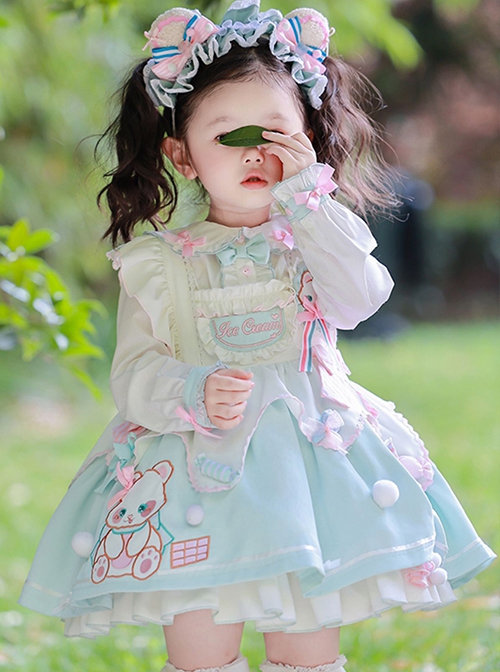 Cute Bear Pattern Print Plush Ball Crinkled Bow Trim Irregular Hem Sweet Lolita Kid Princess Slip Dress