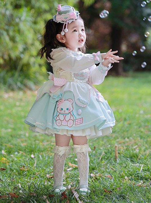 Cute Bear Pattern Print Plush Ball Crinkled Bow Trim Irregular Hem Sweet Lolita Kid Princess Slip Dress