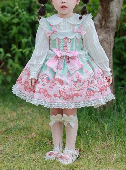 Pink Strawberry Cake Cute Rabbit Pattern Print Pleated Bow Lace Decoration Classic Lolita Kid Dress 