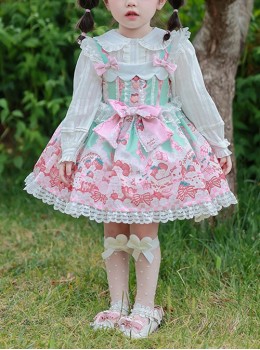 Pink Strawberry Cake Cute Rabbit Pattern Print Pleated Bow Lace Decoration Classic Lolita Kid Dress