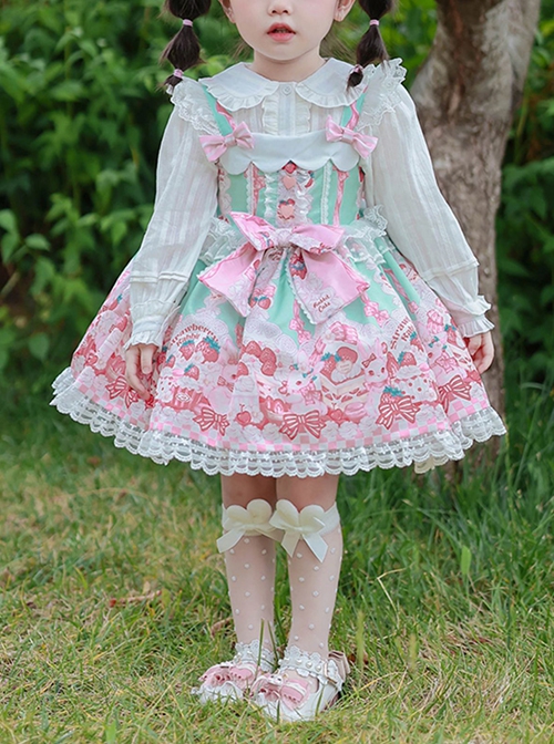 Pink Strawberry Cake Cute Rabbit Pattern Print Pleated Bow Lace Decoration Classic Lolita Kid Dress