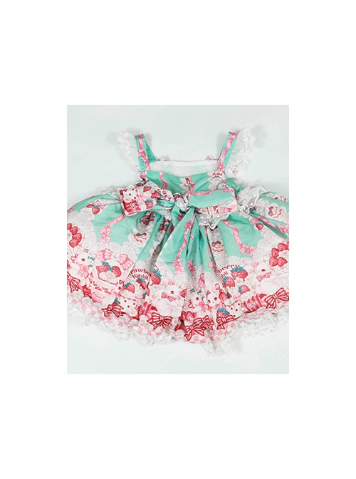 Pink Strawberry Cake Cute Rabbit Pattern Print Pleated Bow Lace Decoration Classic Lolita Kid Dress 