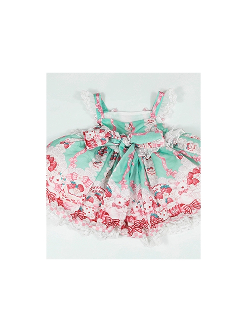 Pink Strawberry Cake Cute Rabbit Pattern Print Pleated Bow Lace Decoration Classic Lolita Kid Dress