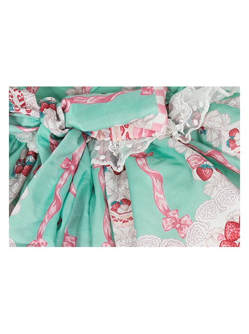 Pink Strawberry Cake Cute Rabbit Pattern Print Pleated Bow Lace Decoration Classic Lolita Kid Dress