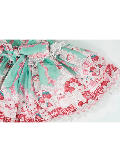 Pink Strawberry Cake Cute Rabbit Pattern Print Pleated Bow Lace Decoration Classic Lolita Kid Dress