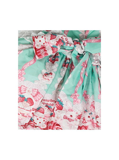 Pink Strawberry Cake Cute Rabbit Pattern Print Pleated Bow Lace Decoration Classic Lolita Kid Dress