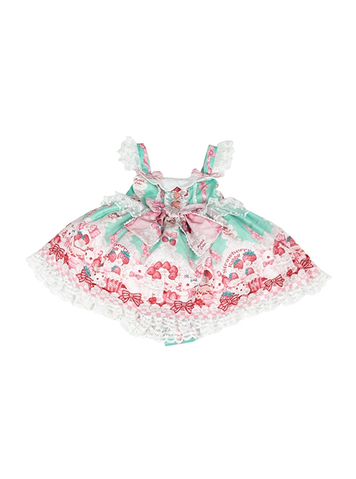 Pink Strawberry Cake Cute Rabbit Pattern Print Pleated Bow Lace Decoration Classic Lolita Kid Dress