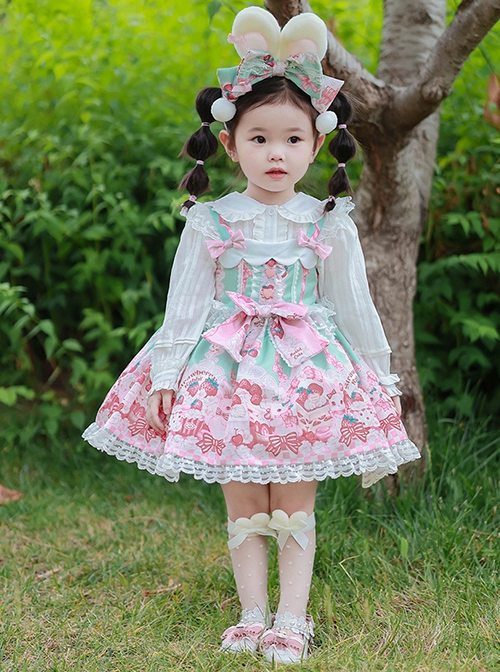 Pink Strawberry Cake Cute Rabbit Pattern Print Pleated Bow Lace Decoration Classic Lolita Kid Dress