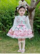 Pink Strawberry Cake Cute Rabbit Pattern Print Pleated Bow Lace Decoration Classic Lolita Kid Dress