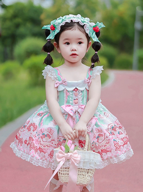 Pink Strawberry Cake Cute Rabbit Pattern Print Pleated Bow Lace Decoration Classic Lolita Kid Dress