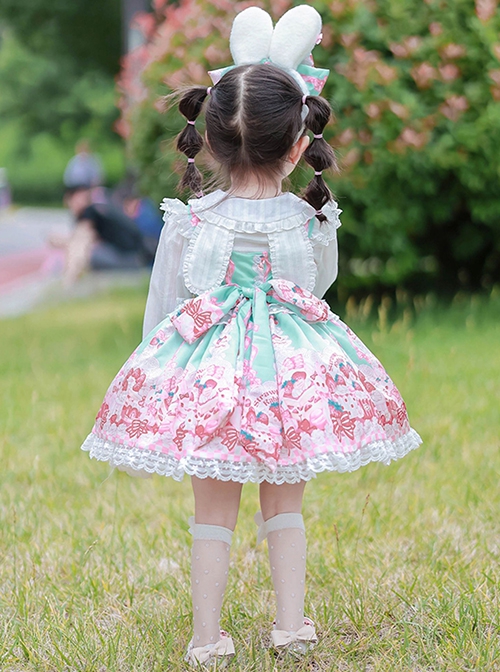 Pink Strawberry Cake Cute Rabbit Pattern Print Pleated Bow Lace Decoration Classic Lolita Kid Dress