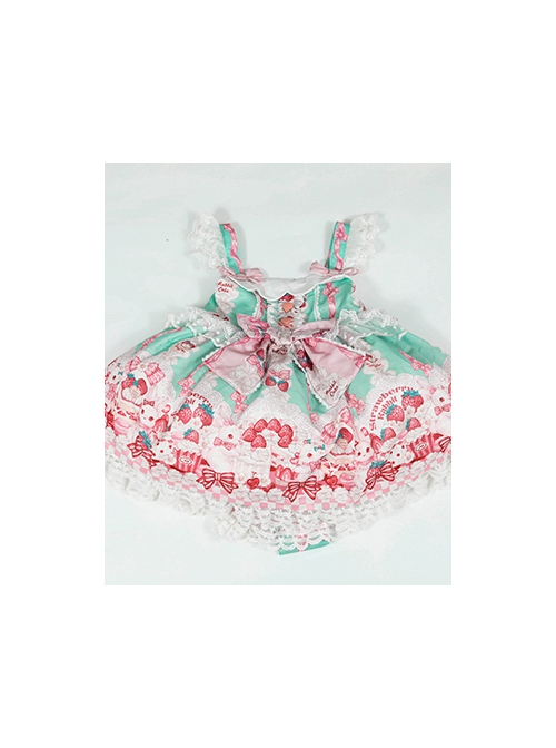 Pink Strawberry Cake Cute Rabbit Pattern Print Pleated Bow Lace Decoration Classic Lolita Kid Dress