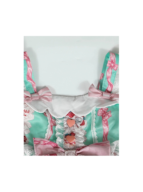 Pink Strawberry Cake Cute Rabbit Pattern Print Pleated Bow Lace Decoration Classic Lolita Kid Dress