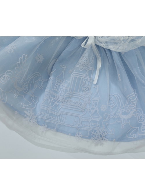 Castle Pattern Decoration Snowflake Sequins Ruched Lace Mesh Trim Classic Lolita Kid Princess Slip Dress