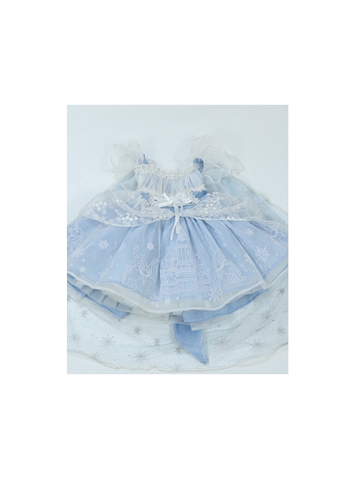 Castle Pattern Decoration Snowflake Sequins Ruched Lace Mesh Trim Classic Lolita Kid Princess Slip Dress