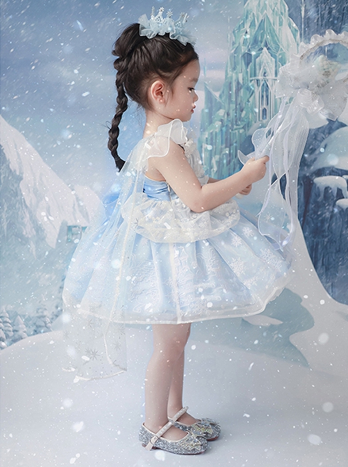 Castle Pattern Decoration Snowflake Sequins Ruched Lace Mesh Trim Classic Lolita Kid Princess Slip Dress