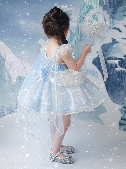 Castle Pattern Decoration Snowflake Sequins Ruched Lace Mesh Trim Classic Lolita Kid Princess Slip Dress