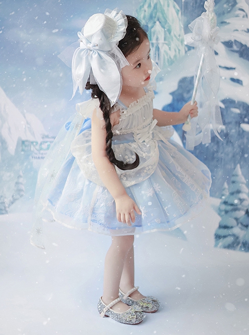 Castle Pattern Decoration Snowflake Sequins Ruched Lace Mesh Trim Classic Lolita Kid Princess Slip Dress