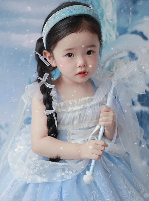 Castle Pattern Decoration Snowflake Sequins Ruched Lace Mesh Trim Classic Lolita Kid Princess Slip Dress