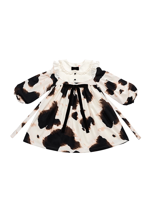 Black And White Ruched Ruffled Doll Neckline Black Bow Knot Decoration Classic Lolita Kid Long Sleeve Dress