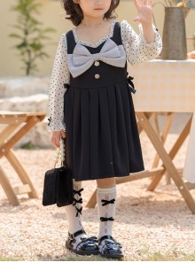 French Simple Fashion Bow Knot Decoration Long Sleeve Polka Dot Classic Lolita Kid Black Dress