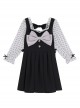 French Simple Fashion Bow Knot Decoration Long Sleeve Polka Dot Classic Lolita Kid Black Dress