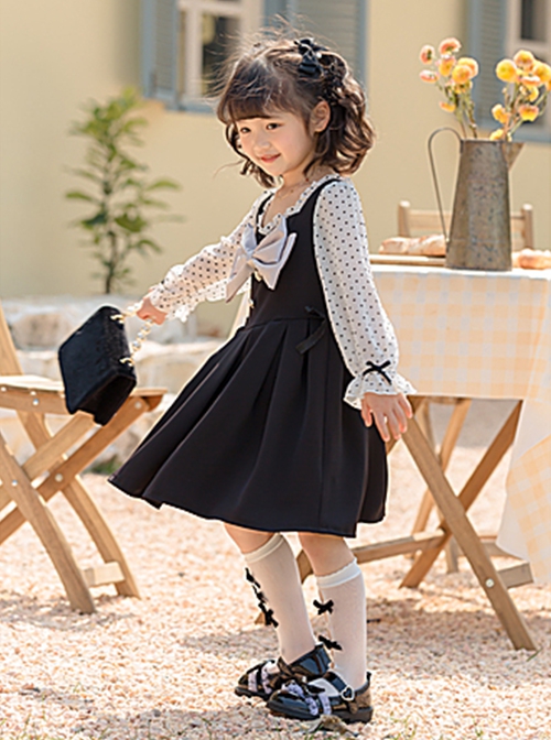 French Simple Fashion Bow Knot Decoration Long Sleeve Polka Dot Classic Lolita Kid Black Dress